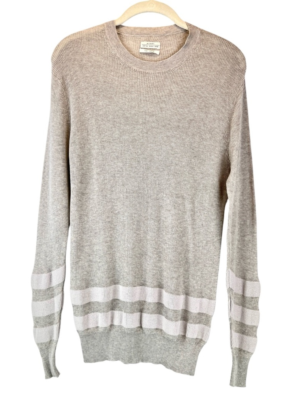 AllSaints Artillary Crew Cotton Sweater Lightweight Gray Grey Taupe Stripes Sz L